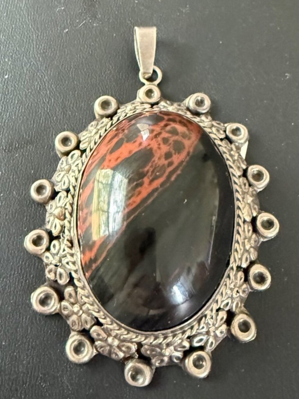 Vintage Mexican Sterling Silver Pendant With Red & Black Jasper Floral Design